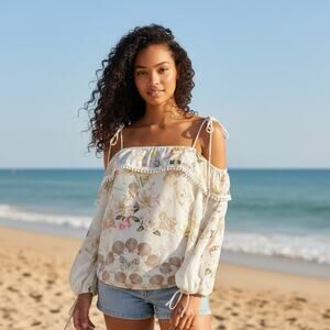 Farm Rio Petite Off Shoulder Blouse Tropical Print Boho Ruffle Tie Sleeve Top